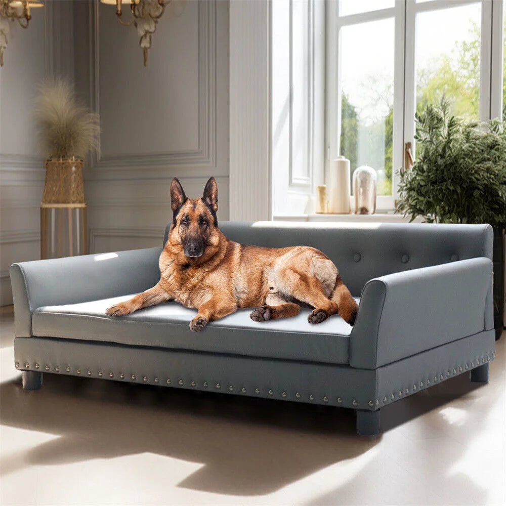 Heavy Duty Raised Dog Bed Sofa Large Cushioned Pet Couch Soft Microfiber Silicone Leather Velboa Covered Lounge for Cats And Puppies