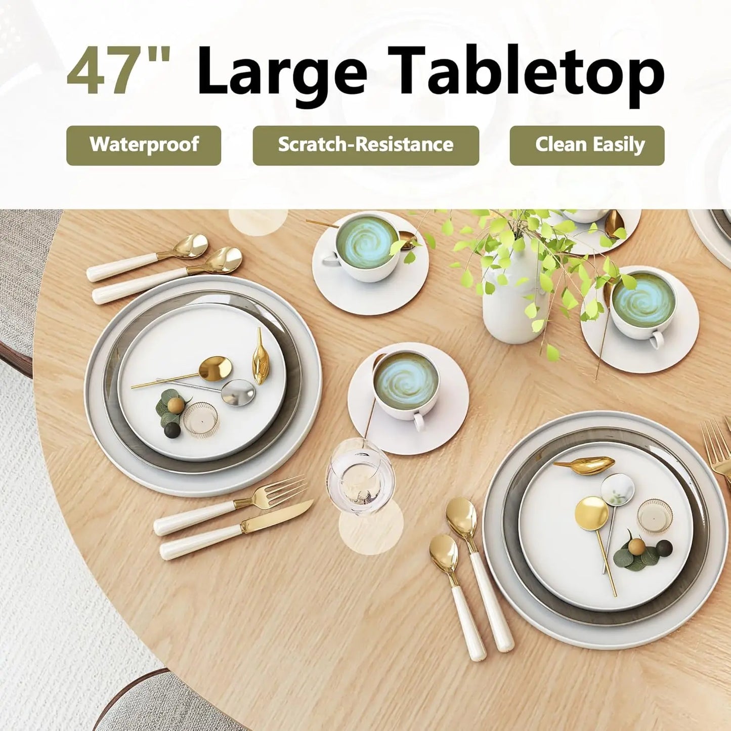 47 Inch Round Dining Table for 4 with 2 Layer Storage Shelf Wood Slide Door Modern Style Kitchen Dinner Table for Home Dining Room