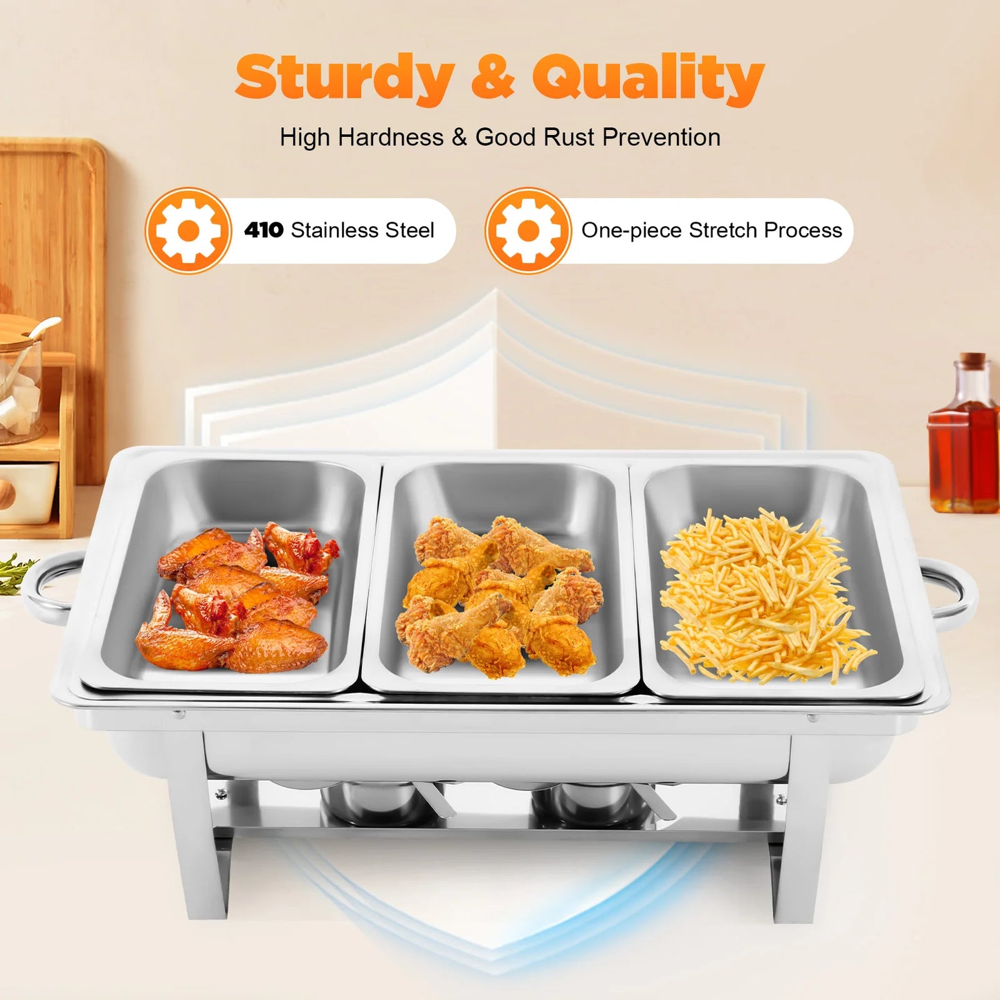 Modern 3-Compartment 2.5L Stainless Steel Chafing Dish Rectangular Buffet Serving Set for Catering Chafer Warmer