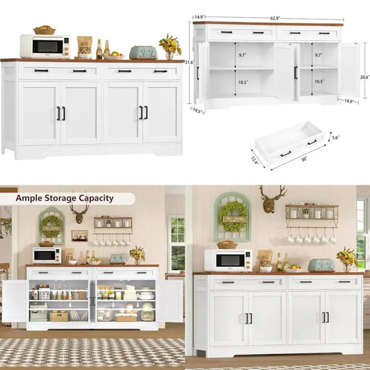 Large 63" Farmhouse Style Buffet Cabinet with 2 Adjustable Shelves and 4 Doors for Storage and Coffee Bar