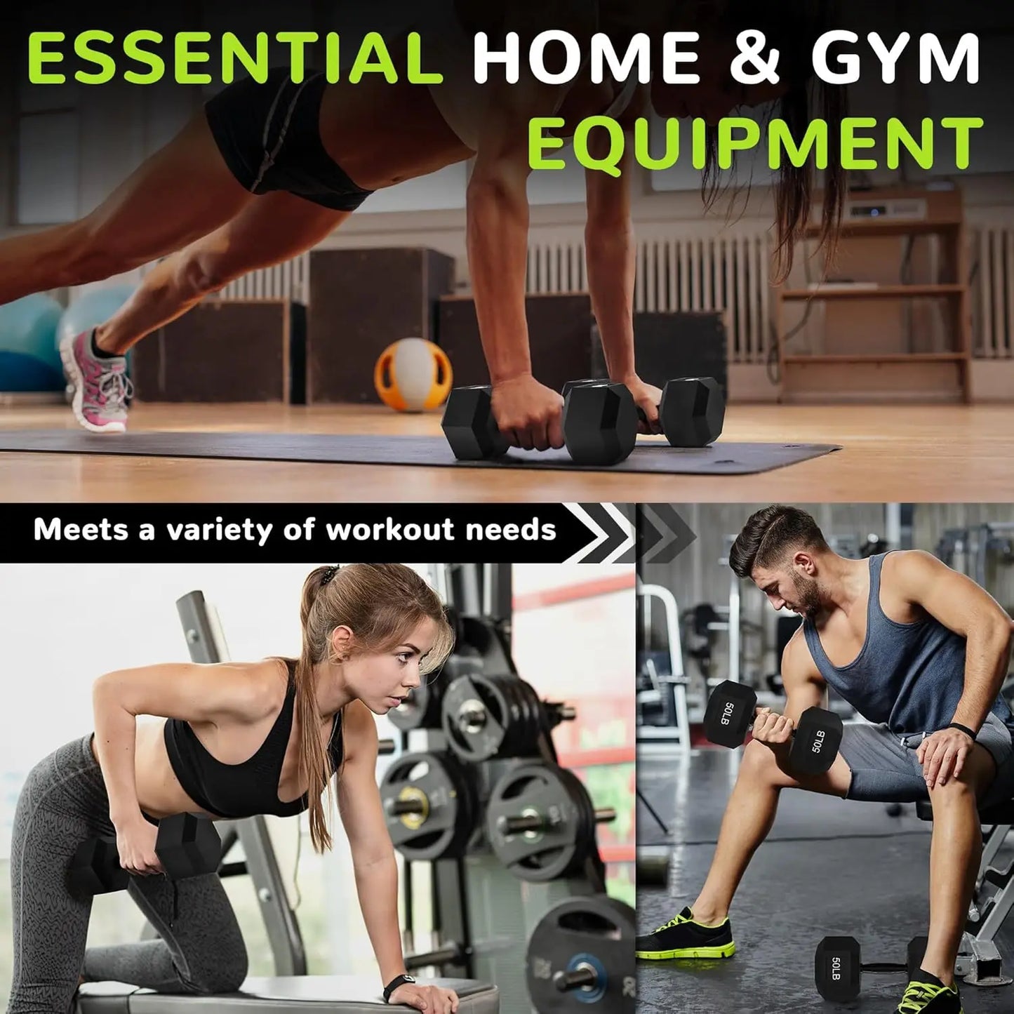 Rubber Encased Hex Dumbbell Hand Weights with Anti Slip Metal Handle for Home Gym Multiple Sizes