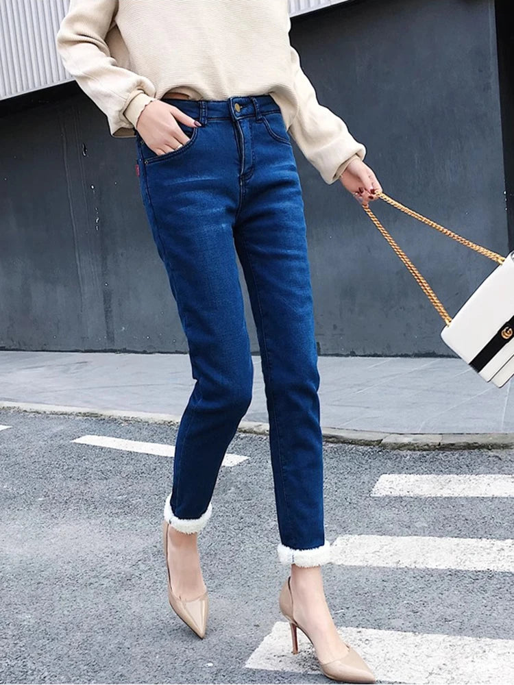 Winter High Waist Pencil Jeans for Women Thickened Lamb Fluff Skinny Denim Pants Warm Stretch Vaqueros Big Size 34 Casual Winter Jeans