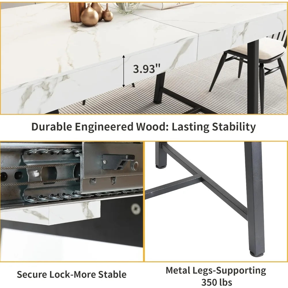 Extendable Dining Table 63-79 Inch Woodgrain/Marble Top for 6-10 People Silent-Glide Mechanism Modern Rectangular Dining Room Furniture