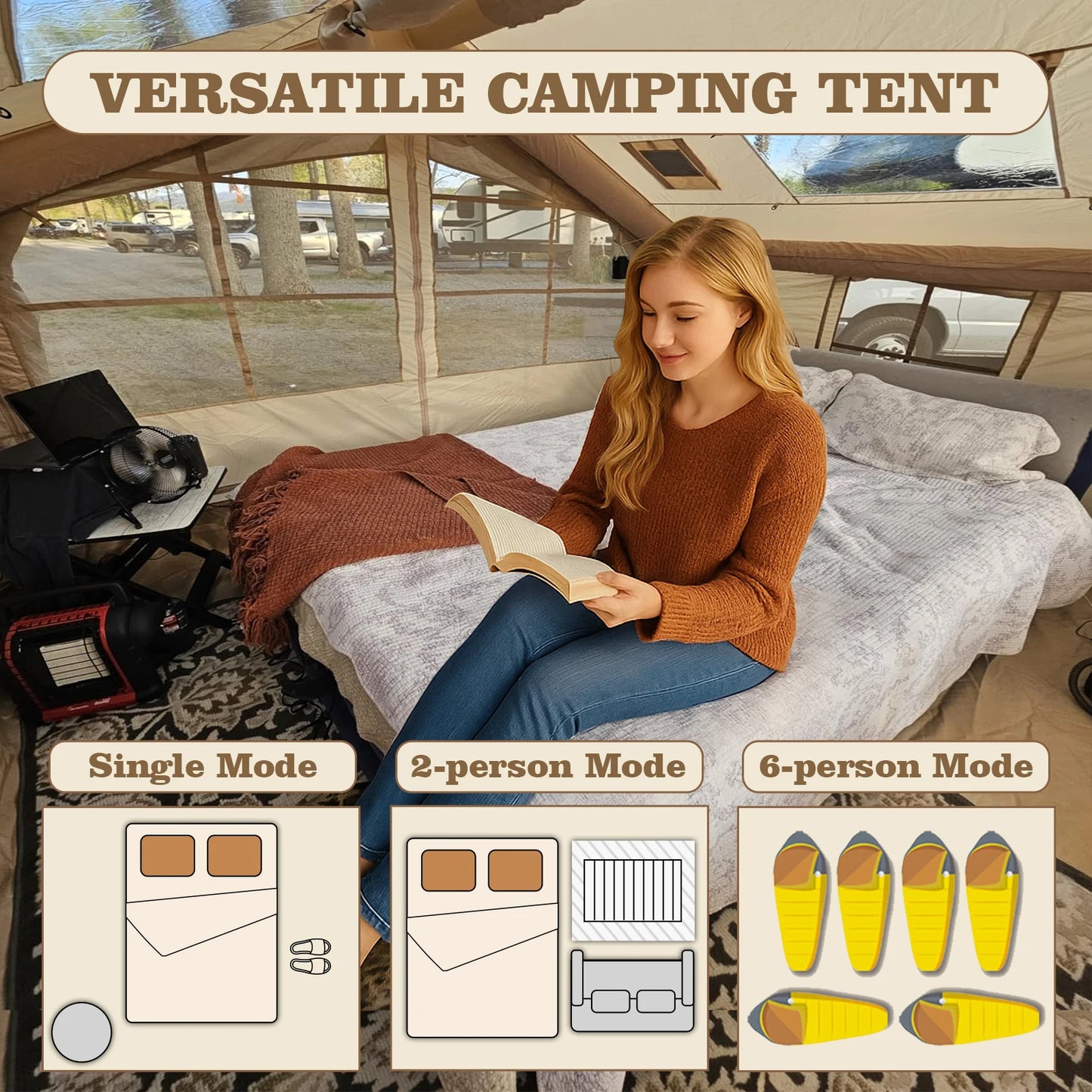 80.7 Square Feet Inflatable Glamping Tent with Air Conditioning Vent Waterproof Oxford Fabric Camping Shelter for 5 to 8 People