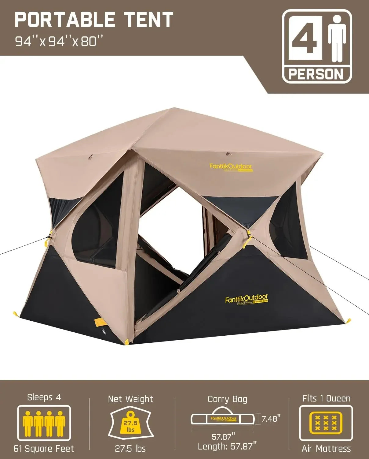 Alpha C4 Ultra 4 Person Pop up Camping Tent Instant Cabin Setup in 60 Seconds Portable Hub Tent with Rainfly And Storage