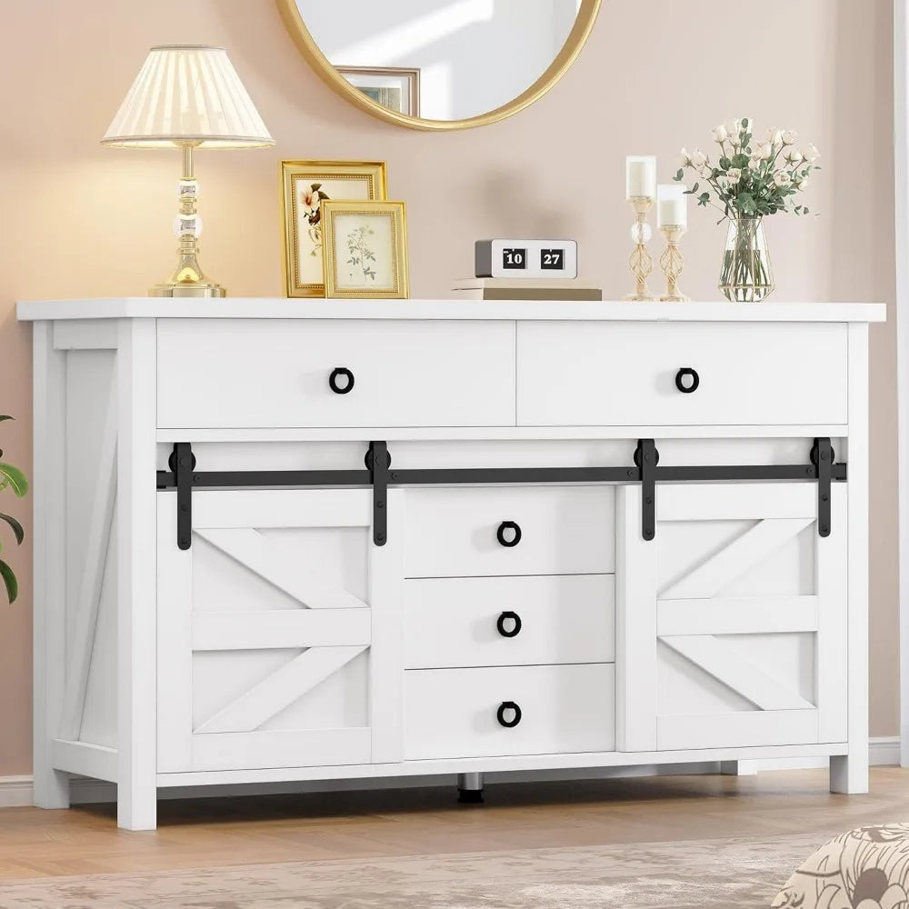 54" Farmhouse Dresser, Large Modern Chest of Drawers, Wood Rustic Dresser TV Stand with 5 Drawers & 2 Sliding Barn Doors
