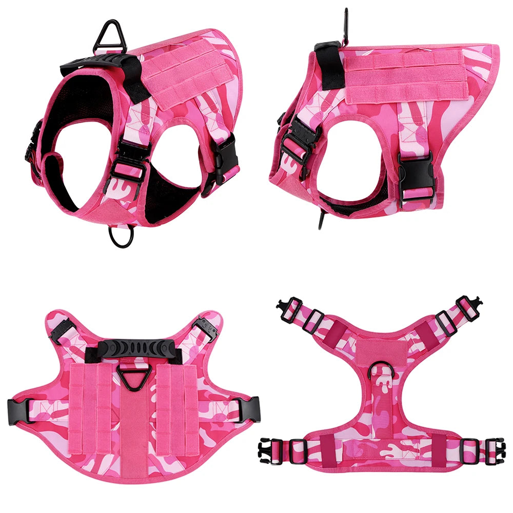 Military Pink Camouflage Dog Harness For Large Medium Dogs Harnesses Leash Adjustable Pet German Shepherd Tactical Training Vest