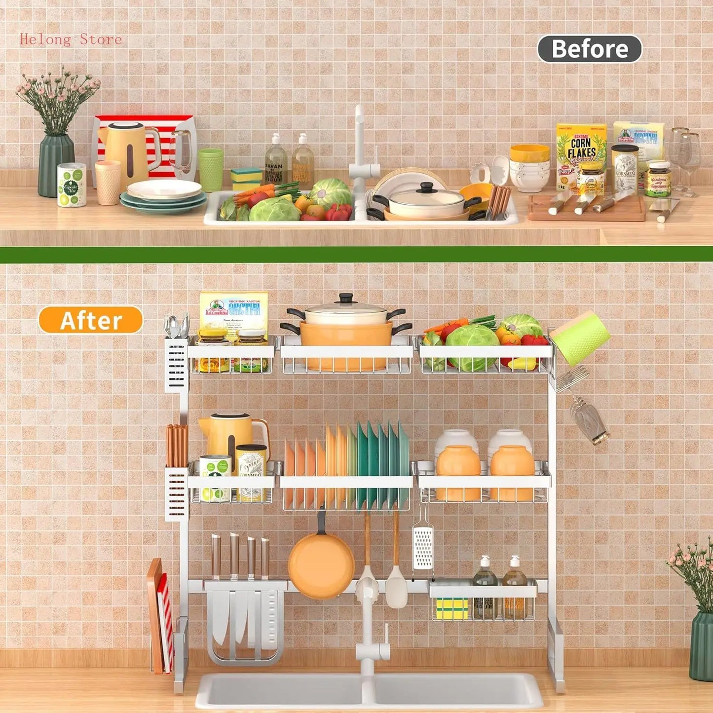 Over Sink Dish Drying Rack Stainless Steel, Adjustable Large Dish Drainer for Storage Kitchen Organization Silver 3 Tier