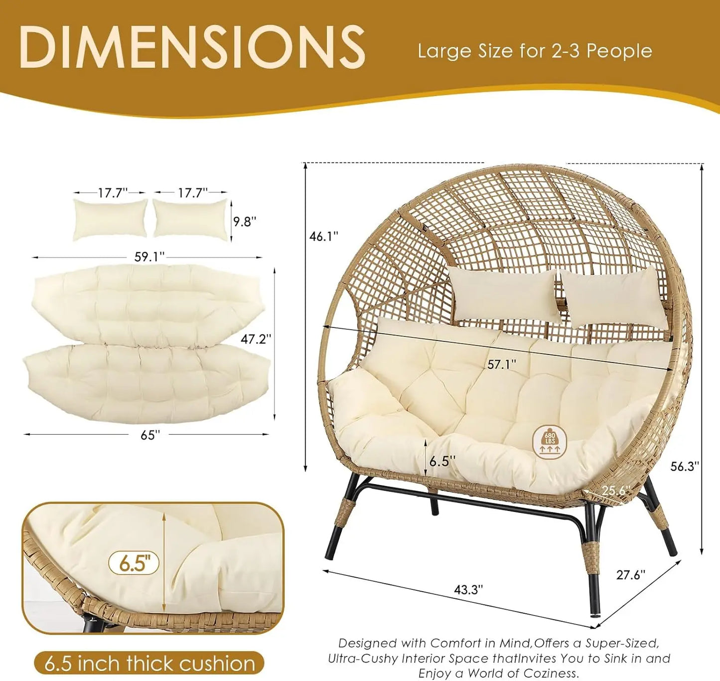 XMSJ Double Egg Chair Indoor Outdoor Loveseat Cushioned