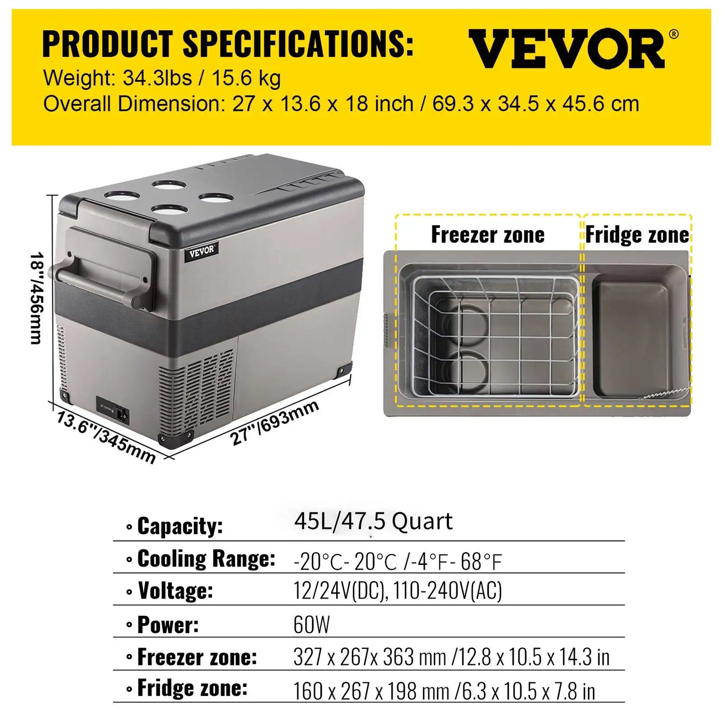 Vevor Portable Car Refrigerator Mini Fridge Freezer 20L 22L 35L 45L 55L Compressor Cooler 12V 24V DC Ice Box for Camping