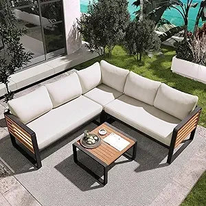 Modern Outdoor Sectional Sofa Set with Round Nesting Coffee Tables and Cushions 6 Piece Patio Furniture Set for Porch Garden Pool
