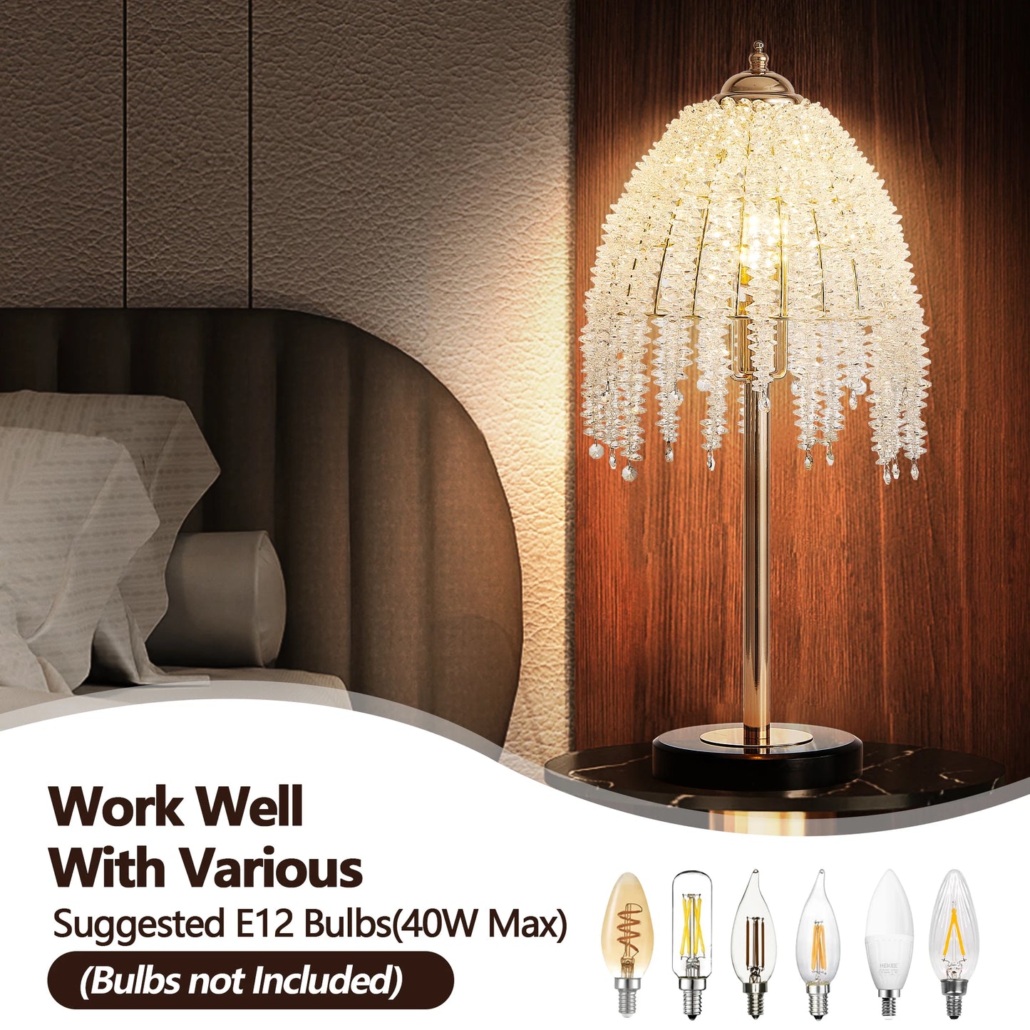 Elegant Crystal Table Lamp Vintage Waterfall Design with Crystal Bead String Shade&Marble Textured Base for Living Room Bedroom