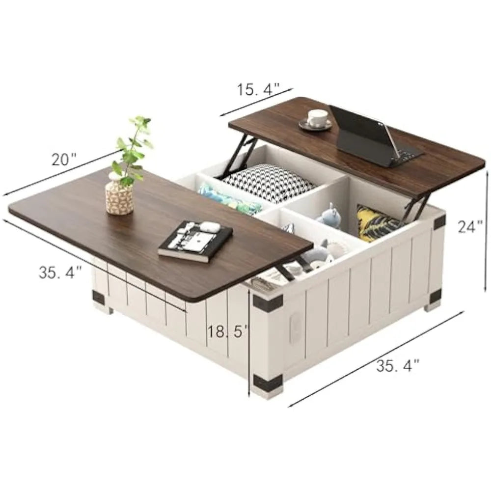 Farmhouse Lift Top Coffee Table with Storage White Wood Square Center Table with USB Ports for Living Room 35 Inch X 35 Inch X 18 Inch