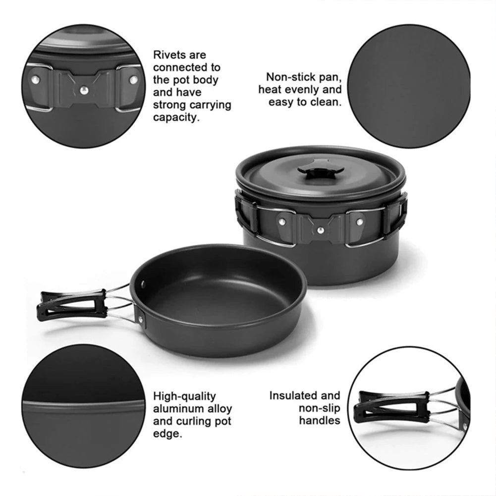 Camping Pot and Pan Set Foldable Spoon/Fork/Knife Outdoor Tableware Equipment Serves for 2-3 Person for Hiking Picnic