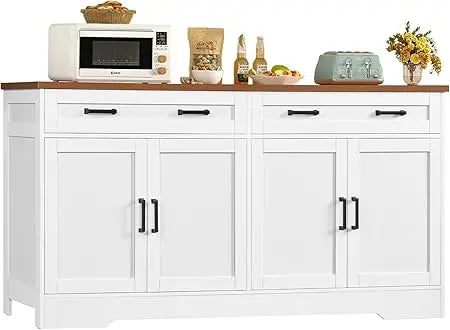 Large 63" Farmhouse Style Buffet Cabinet with 2 Adjustable Shelves and 4 Doors for Storage and Coffee Bar