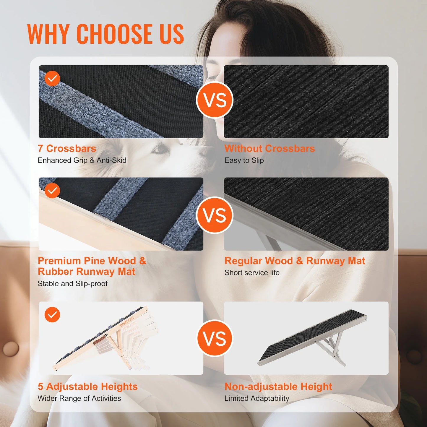 VEVOR Adjustable Dog Ramp Folding Anti-slip Wooden Pet Stairs for Small Old Dogs Easy Climbing Ramp for Sofa Car Bed