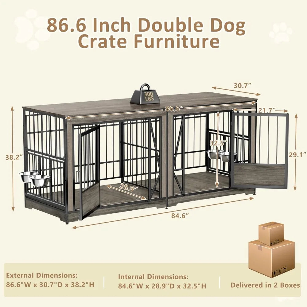 Extra Large Double Dog Crate 87'' with Adjustable Divider Heavy Duty Wood Kennel Indoor Furniture for 2 Dogs with Lockable Dividers