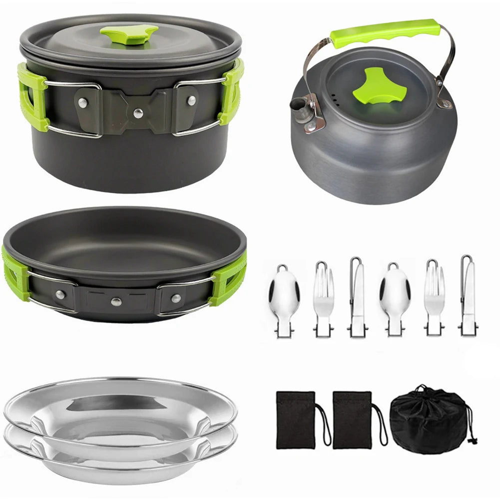 Camping Pot and Pan Set Foldable Spoon/Fork/Knife Outdoor Tableware Equipment Serves for 2-3 Person for Hiking Picnic