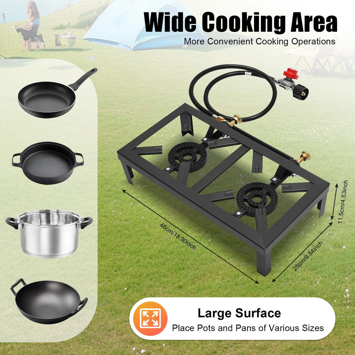 8000 Watt Double Burner Camping Stove Portable Outdoor Gas Propane Cooker with Regulator Hose Black for Camping BBQ