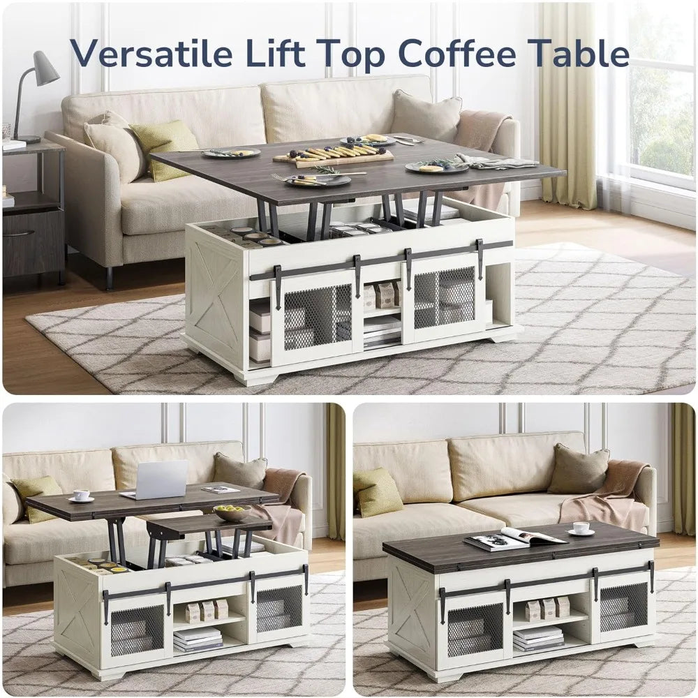 44 Inch Farmhouse Lift Top Coffee Table with Storage and Sliding Barn Doors White Sand Multi Function Rectangle for Living Room Dining Reception