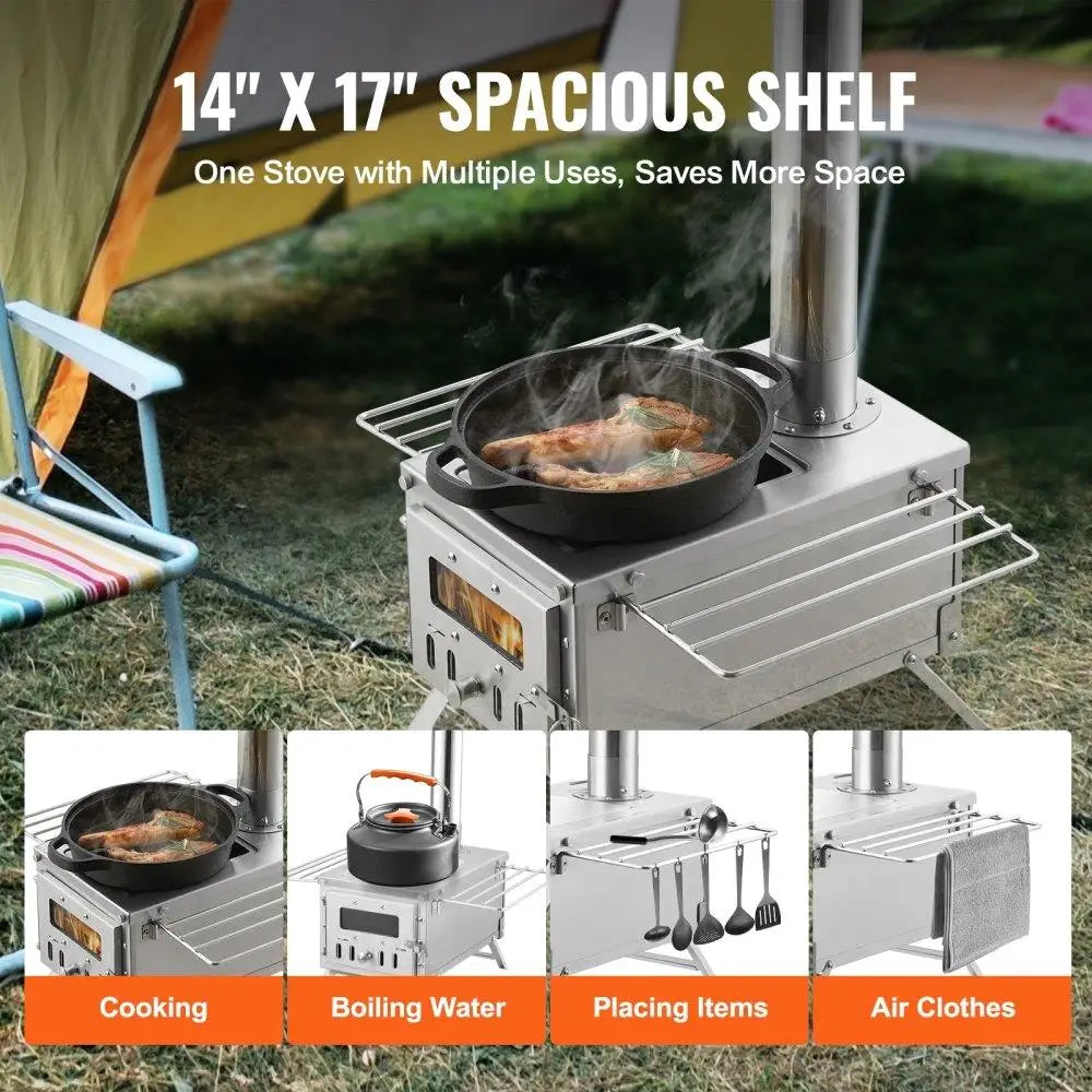 Stainless Steel Camping Wood Stove Portable Built-in Chimney