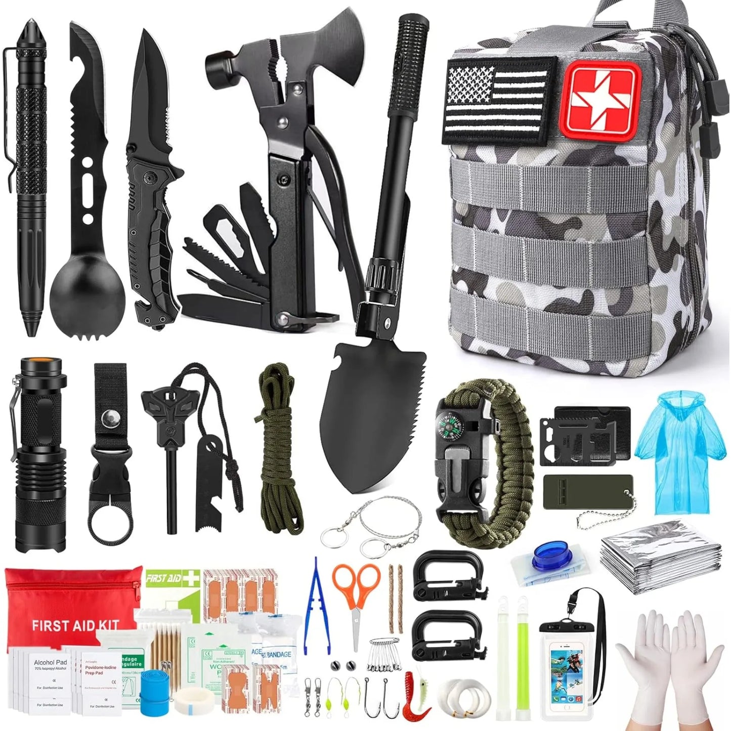 222 Piece Emergency Survival Kit with First Aid and Portable Bag for Outdoor Camping and Hunting