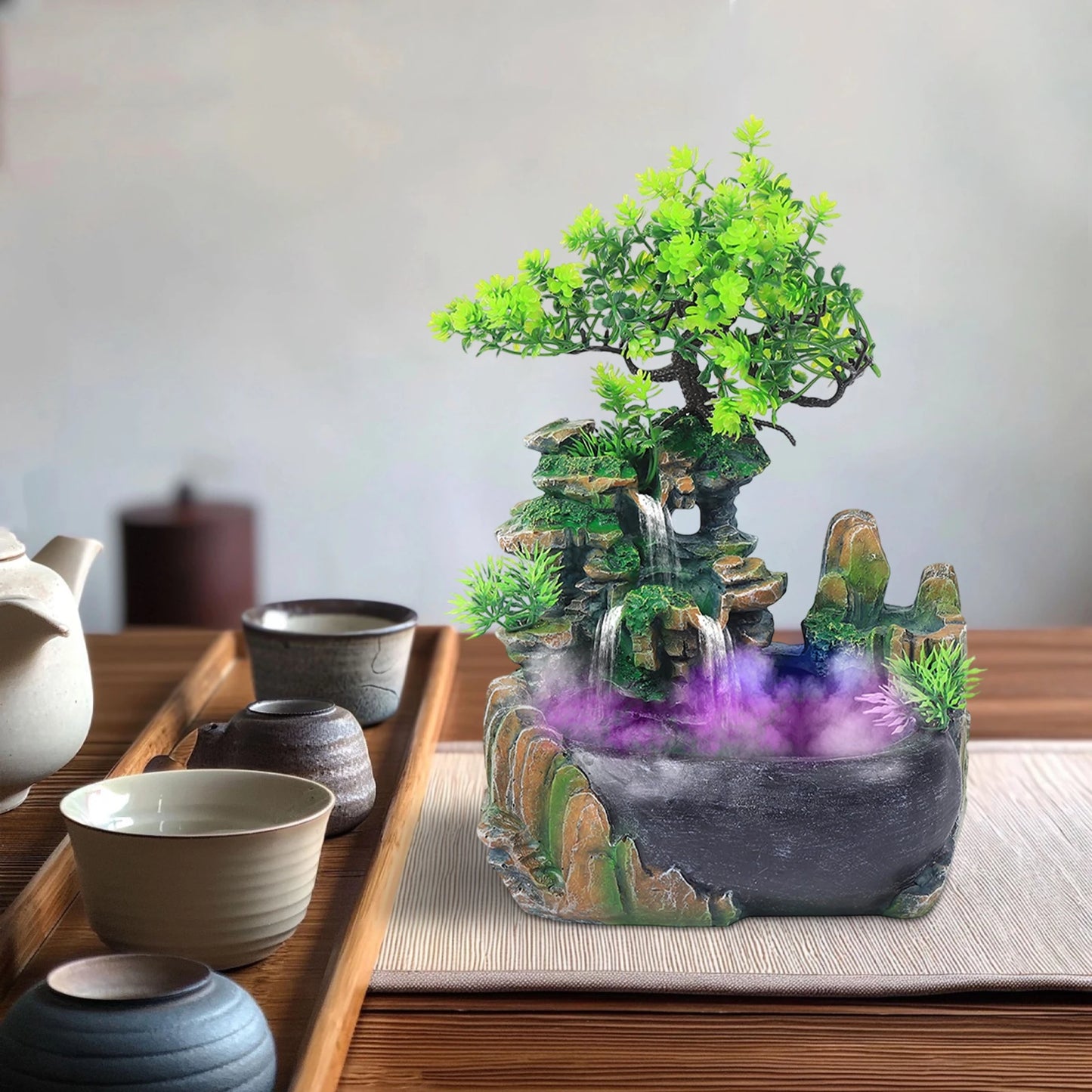 Resin Desktop Fountain With Light Base Power Line Tabletop Mountain Waterfall Rockery Decorative Ornament For Indoor
