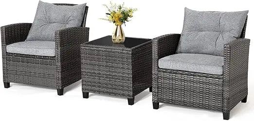 3 Piece Patio Furniture Set, Wicker Bistro Conversation Set w/ 2 Cushioned Armchairs & Glass Topped Table, Outdoor Rattan Sofa