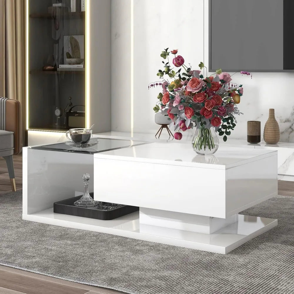 Modern Coffee Table with Tempered Glass, 2-Tier Wooden Center