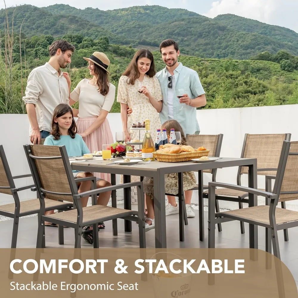 7 Piece Patio Dining Set Outdoor Furniture with Rectangular Table And 6 Stackable Chairs Modern Style Garden Conversation Set
