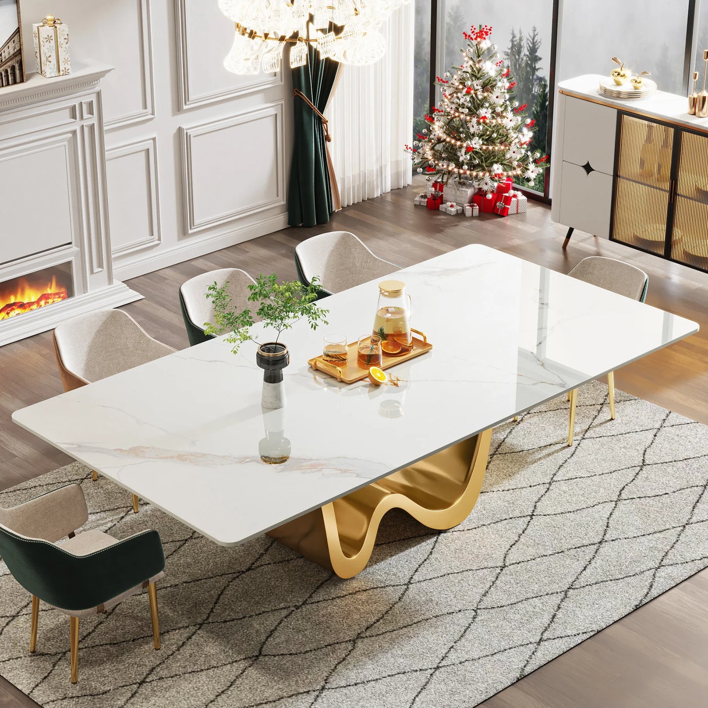 Tribesigns 78.74" Sintered Stone Dining Table for 6-8, Modern Rectangle Dining Table, Luxury White & Gold Kitchen Table