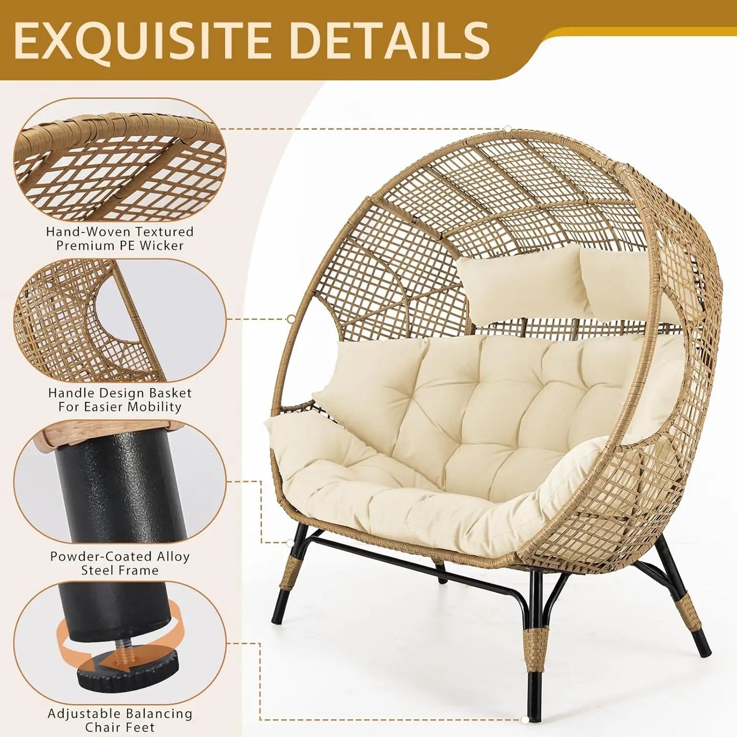 XMSJ Double Egg Chair Indoor Outdoor Loveseat Cushioned