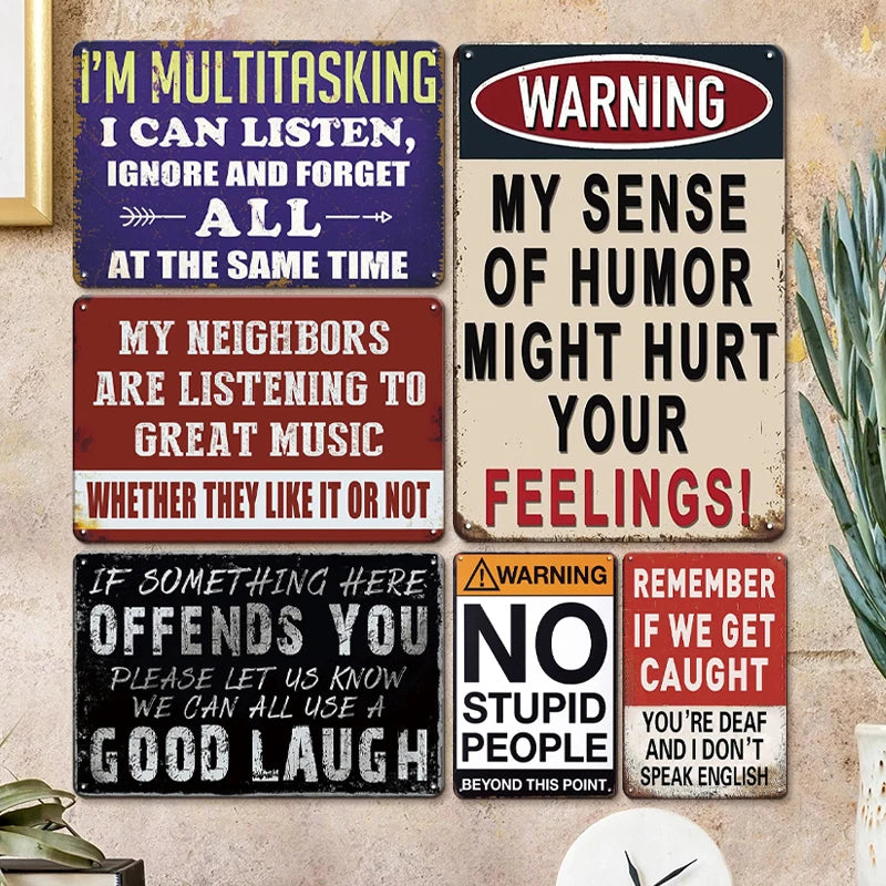 6pcs Funny Metal Tin Sign – Sarcasm Signs Humorous Quote Sign, Vintage Wall Art for Man Caves, Home Offices, Pubs, Clubs, Bars