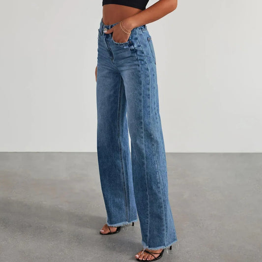 Women High Waist Casual Loose Wide Leg Slim Denim Pants Elegant Splice Pockets Straight Leg Floor Length Jeans