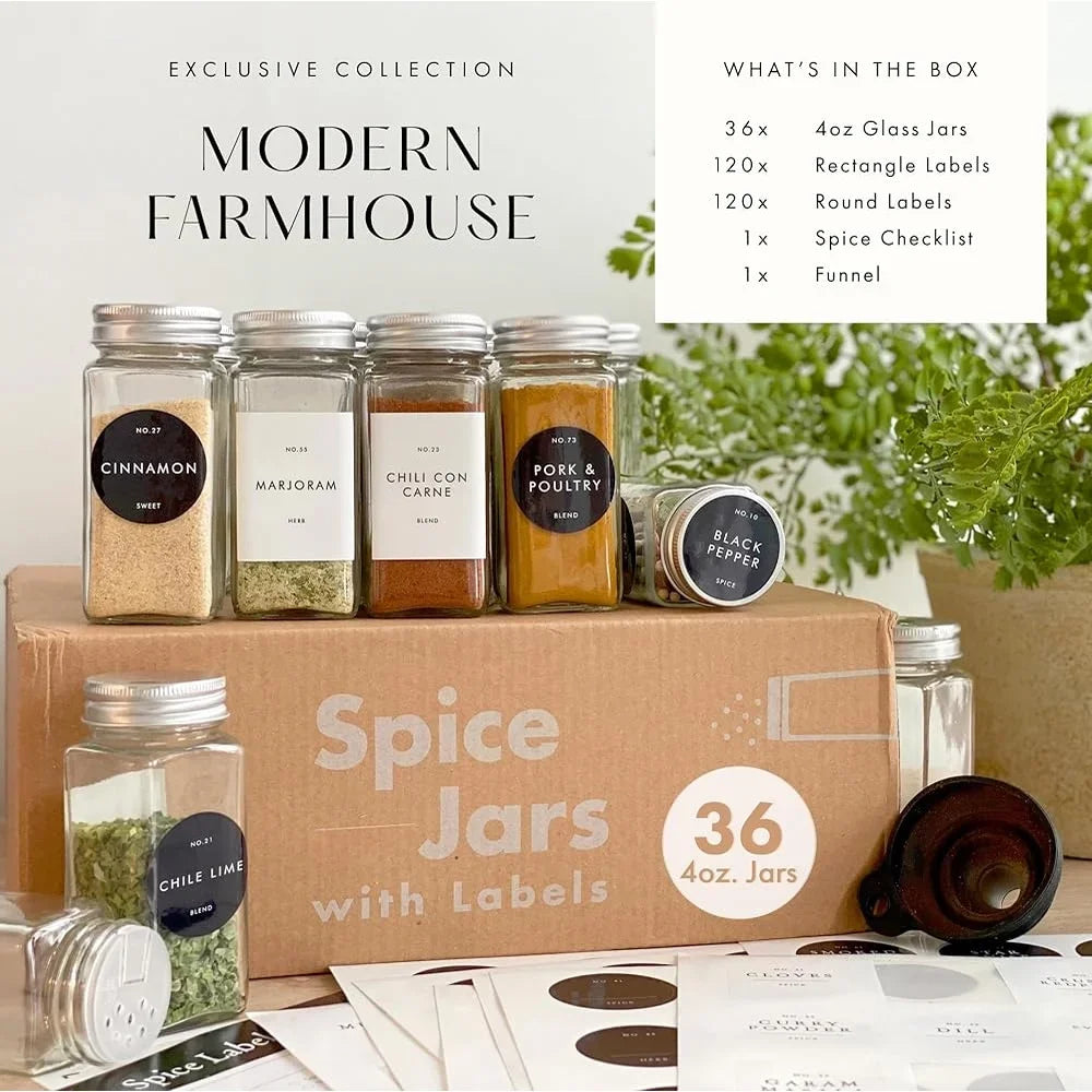 36 Pack Glass Spice Jars with Metal Lids and Labels Clear Storage Containers Kitchen Seasoning Organization Gift Set