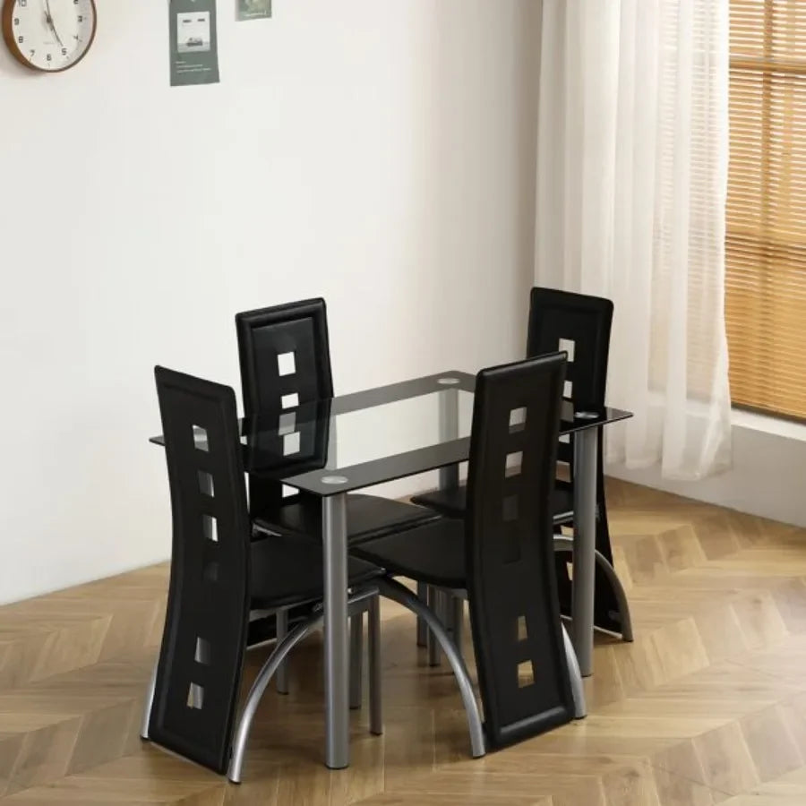 5 Pieces Dining Table Set for Kitchen Room Tempered Glass Dining Table 4 Chairs Black Table legs are silvery