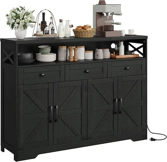 Farmhouse Buffet Cabinet with Drawers & Open Shelf Storage