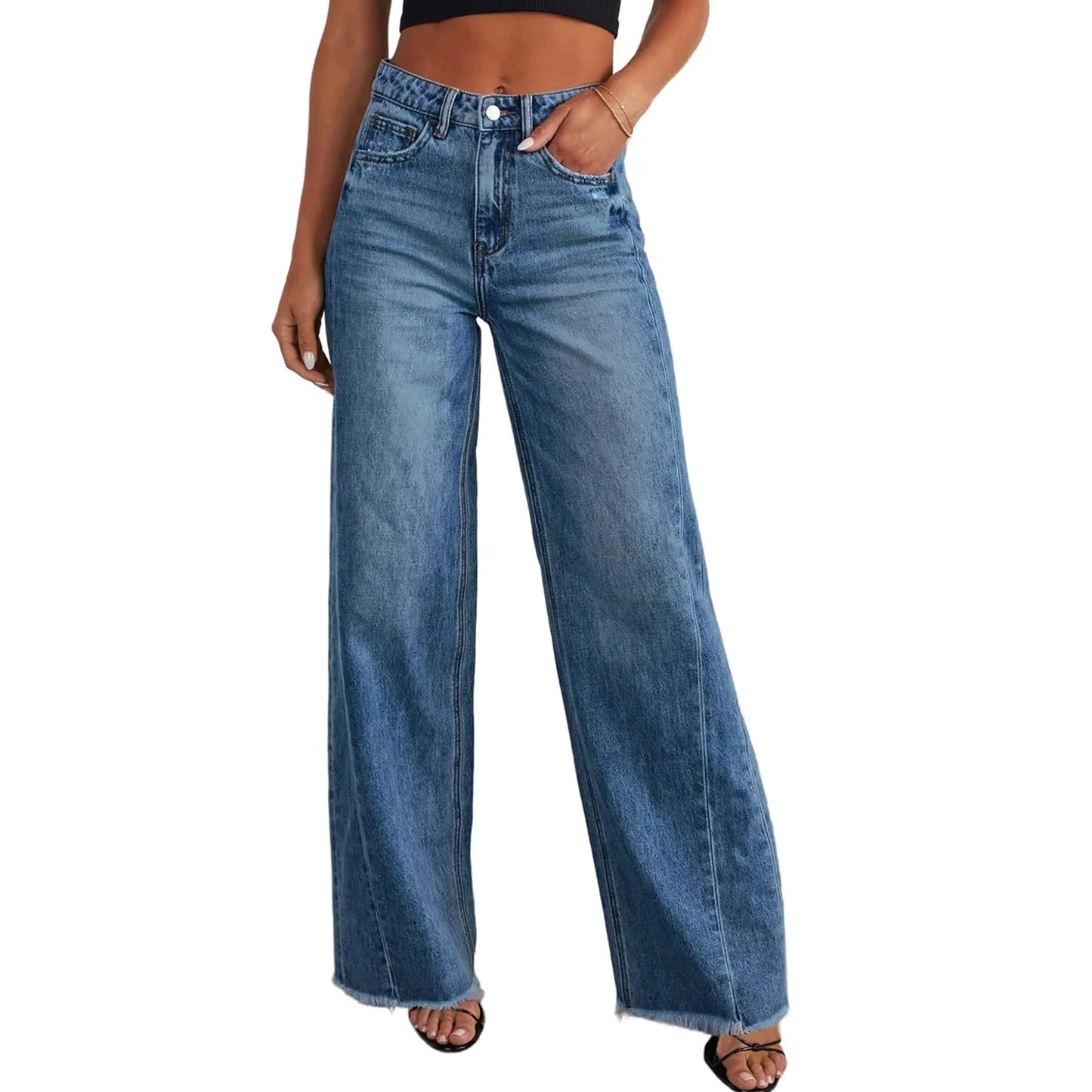 Women High Waist Casual Loose Wide Leg Slim Denim Pants Elegant Splice Pockets Straight Leg Floor Length Jeans