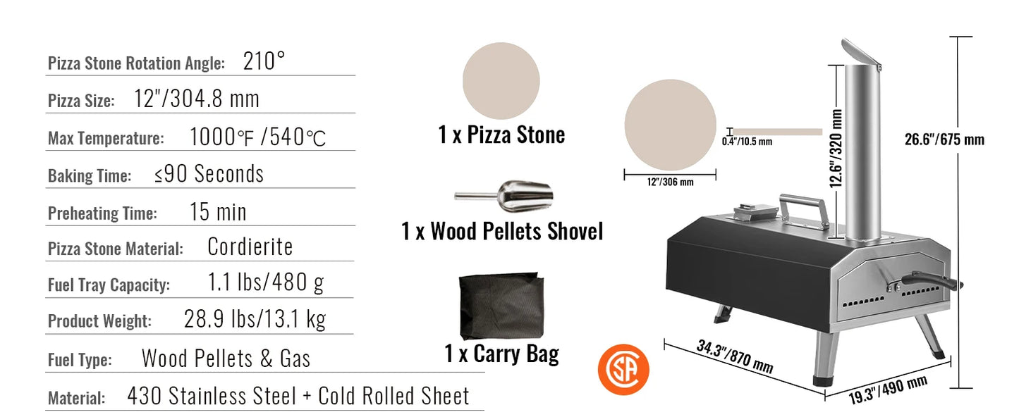 SucceBuy 12 Inch Wood Fired Portable Pizza Oven Food Grade Stainless Steel BBQ for Backyard Camping Picnics Outdoor Cooking