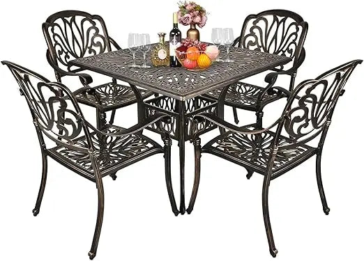 5Pcs Cast Aluminium Patio Dining Set with 4 Chairs And 1 Umbrella Table Modern Outdoor Garden Furniture round Shape for Yard