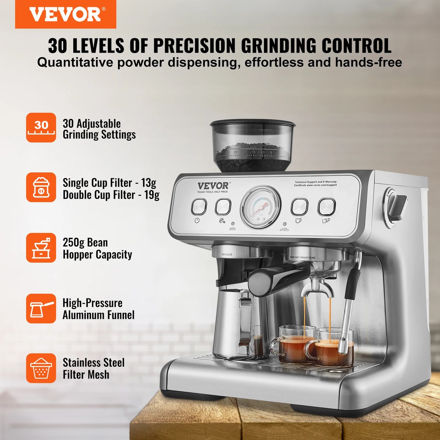 VEVOR Espresso Machine with Grinder, 15 Bar Semi-Automatic Espresso Coffee Maker for Cappuccino Latte