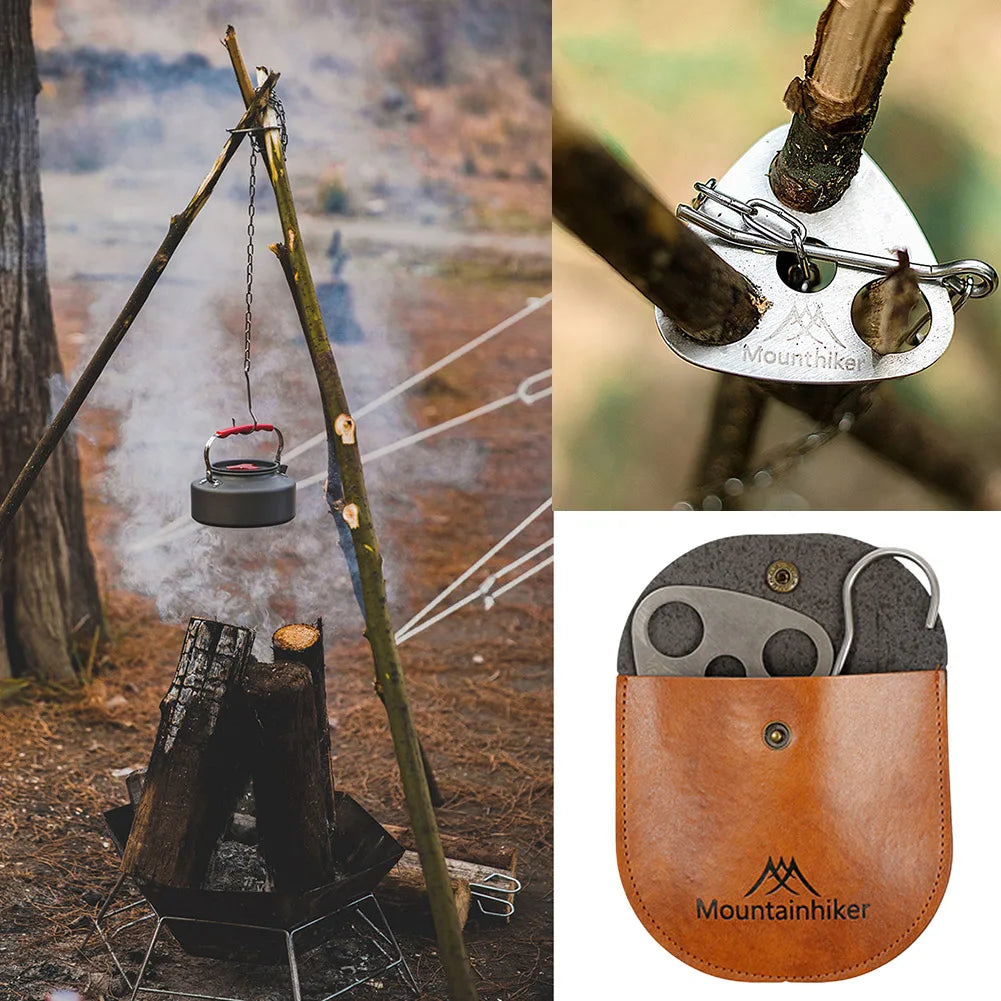 Cooking Pot Pan Tripod Mount Stainless Steel Camping Tripod Hanging Pot Bracket with Leather Storage Bag for Hiking and Bushcraft