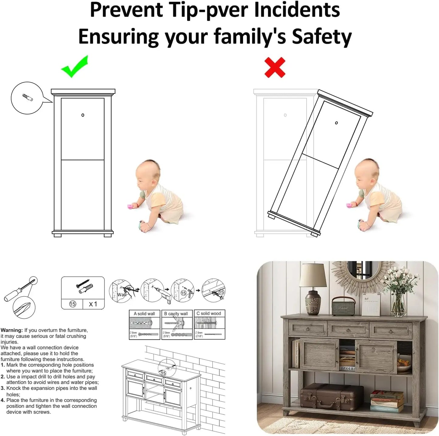 Vabches 47 Inch Wood Console Table with 3 Storage Drawers and Sliding Barn Doors for Entryway Hallway Living Room