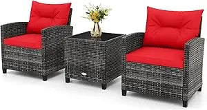 3 Piece Patio Furniture Set, Wicker Bistro Conversation Set w/ 2 Cushioned Armchairs & Glass Topped Table, Outdoor Rattan Sofa