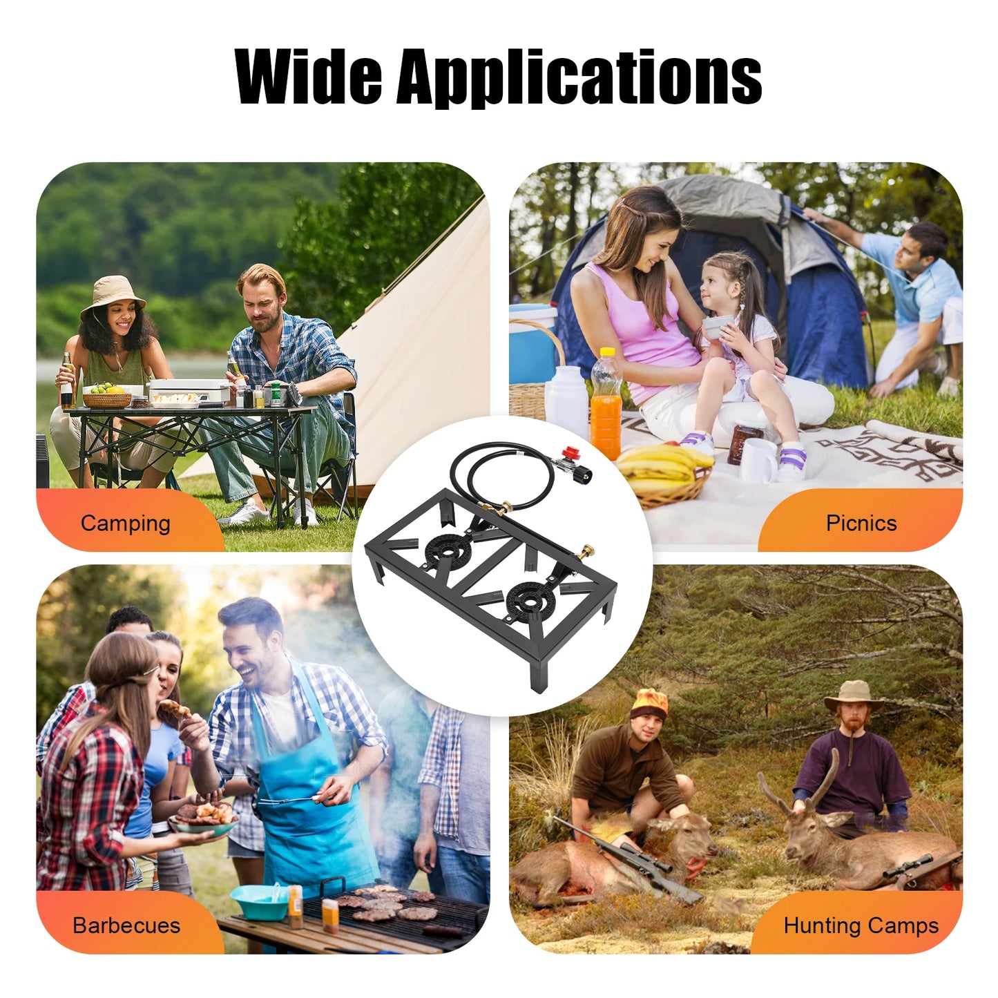 8000 Watt Double Burner Camping Stove Portable Outdoor Gas Propane Cooker with Regulator Hose Black for Camping BBQ