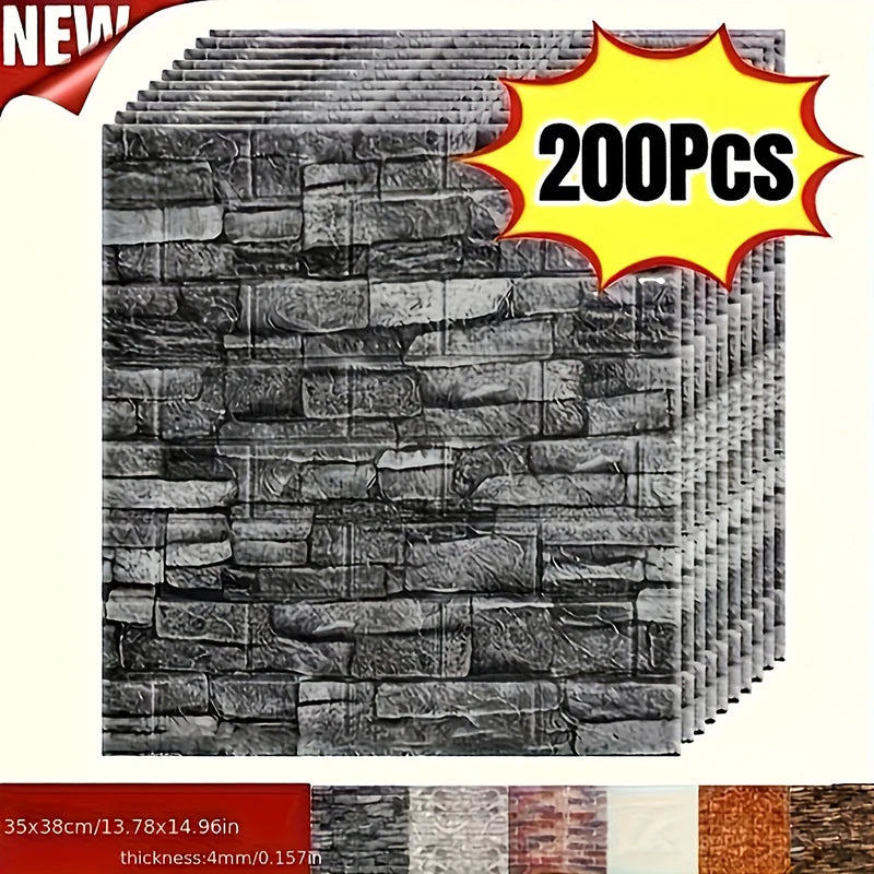 100/200Pcs 3D Wall Tile Stickers Brick Pattern Foam Self-Adhesive Waterproof Ceiling Decor Easy Apply for Moisture Proof