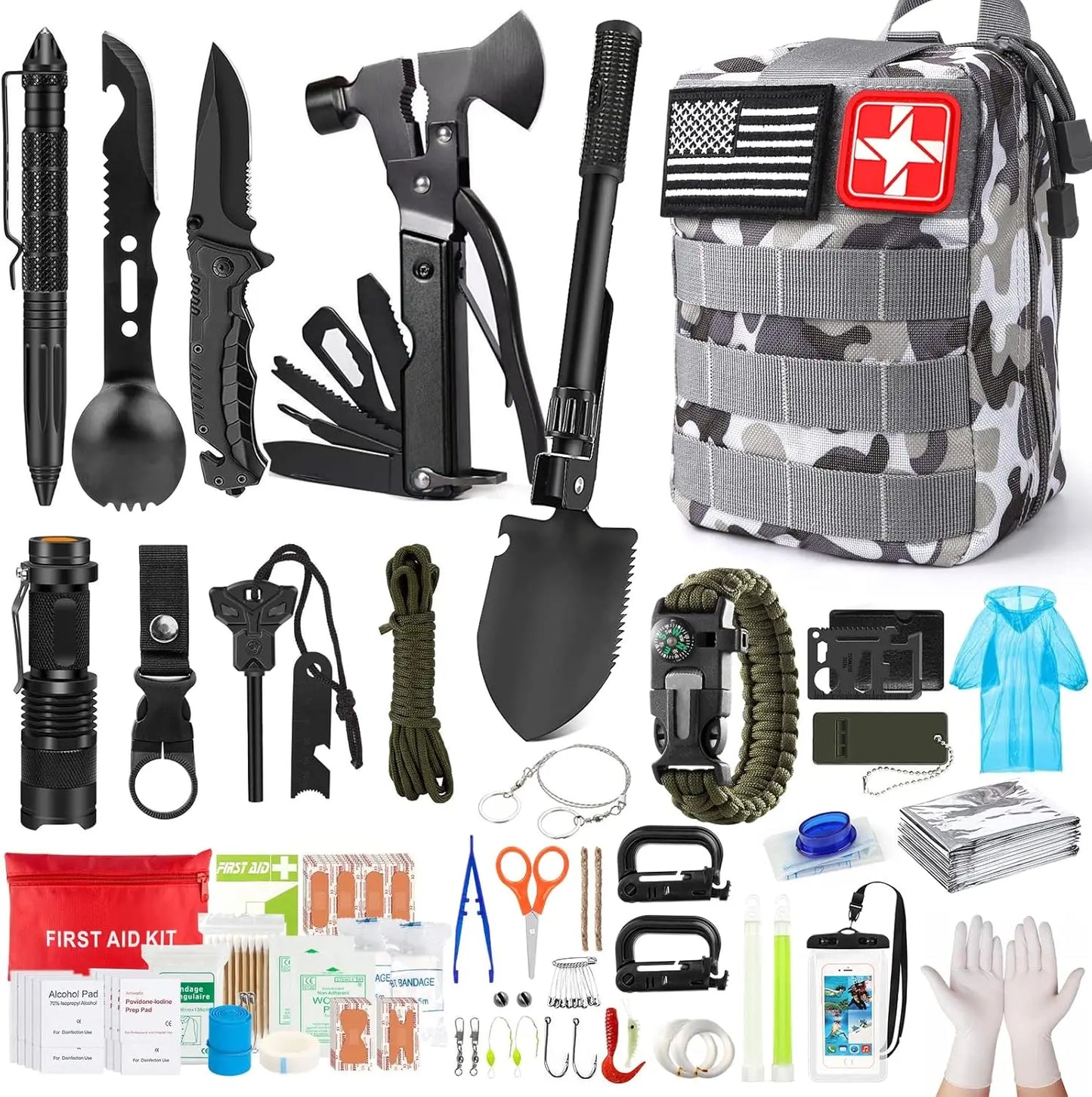 222 Piece Emergency Survival Kit with First Aid and Portable Bag for Outdoor Camping and Hunting