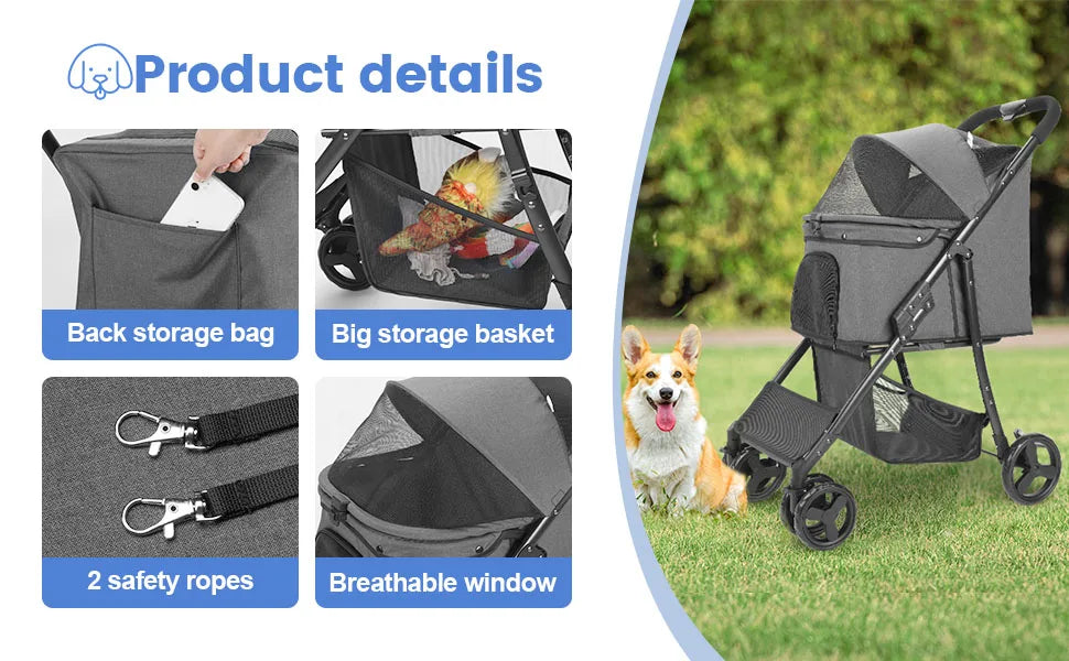 Wedyvko Pet Stroller 360 Rotate Wheels Dog Carrier with Brakes And Basket for Small to Medium Sized Dogs Breathable Metal Frame