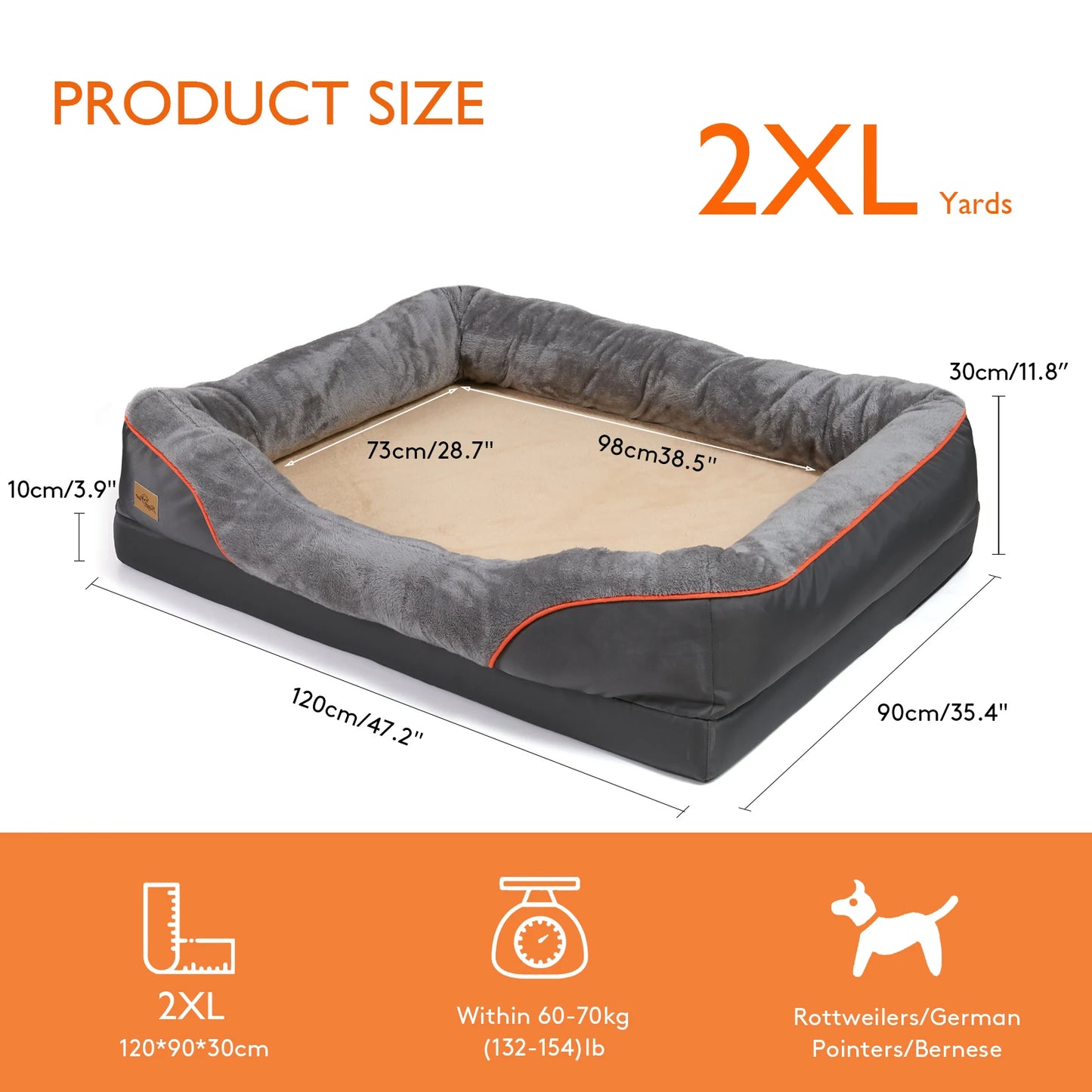 Super Soft Orthopedic Dog Bed L XL 2XL 3XL Cotton Padded Bolster Removable Cover Waterproof Pet Sleeping Mat Solid Color