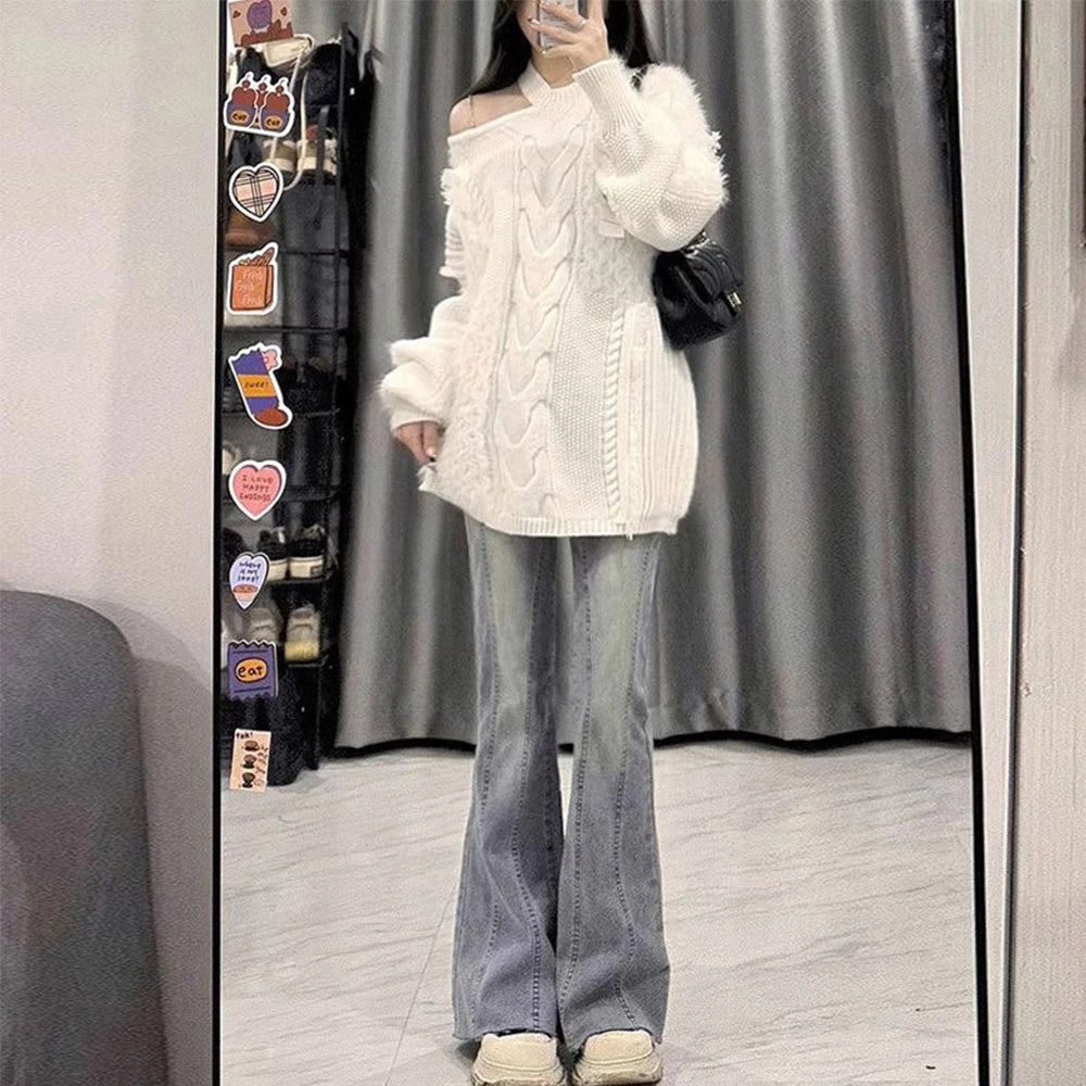 Retro Light Blue Micro Flare Jeans Women Korean Vintage Streetwear Slim Fit Lady Elastic Hight Waist Thin Baggy Denim Pants